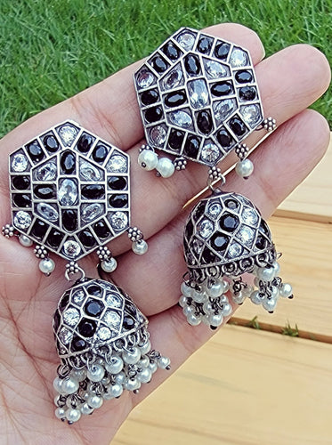 Black Kundan Silver Jhumka Earrings: Indian Tribal Jewelry