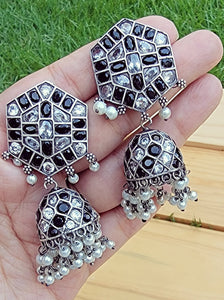 Black Kundan Silver Jhumka Earrings: Indian Tribal Jewelry