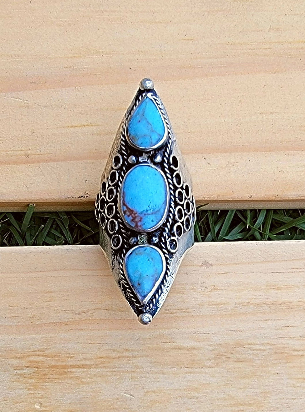 Turquoise Saddle Ring: Afghan Silver Wirework Ring, Size 8