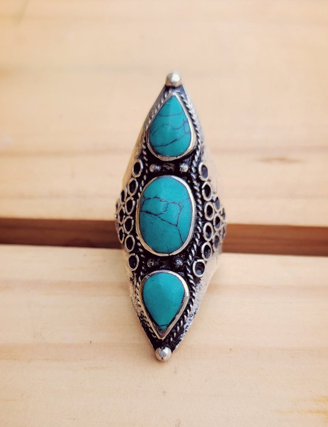 Turquoise Saddle Ring: Afghan Silver Wire Ring, Size 8