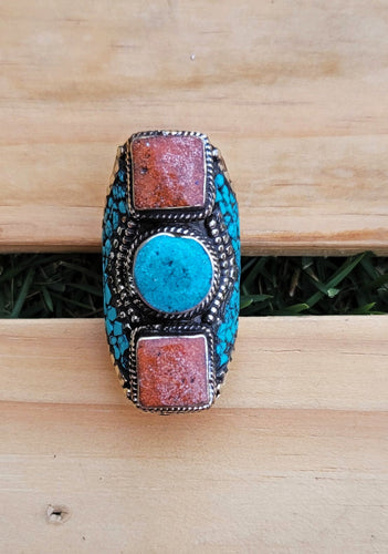Turquoise rings- Coral precious stone ring. Cocktail rings- Saddle Rings. Silver Rings.Tibet Jewelry.Nepalese Jewelry.Tibet Jewelry.Buddhist