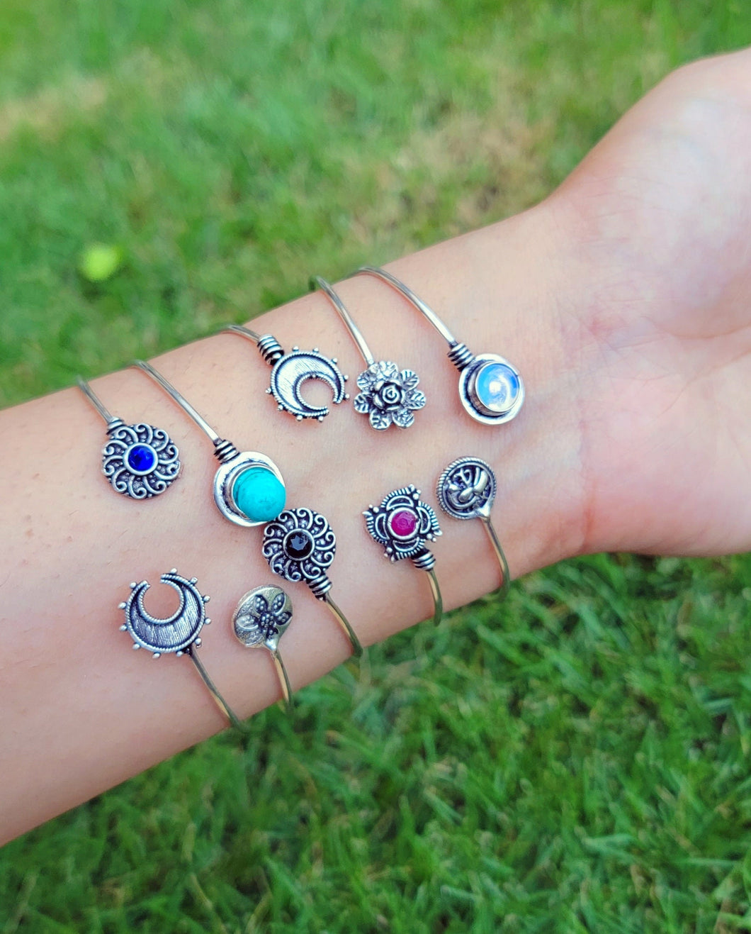 Boho Gemstone Stacking Bracelet: Tibetan Silver Bangle, Handmade in Nepal