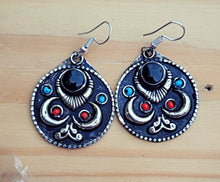Vintage Afghan Kuchi Silver Earrings: Black Aqeeq Stone Boho Dangles