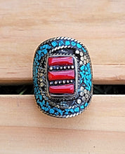 Tibetan Turquoise & Coral Statement Ring - Size 9