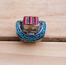 Tibetan Turquoise & Coral Statement Ring - Size 9