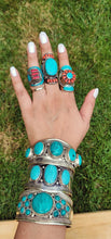Tibetan Turquoise & Coral Statement Ring - Size 9