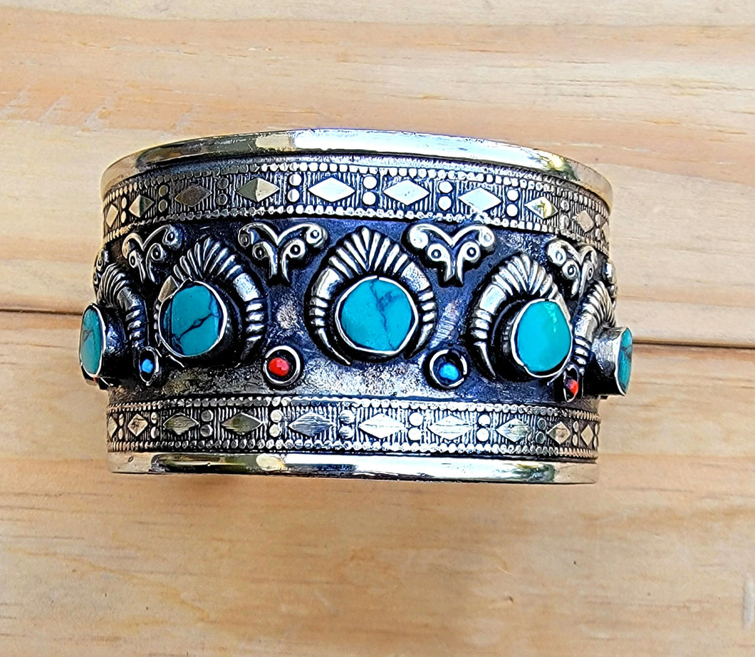 Afghan Turquoise Cuff Bracelet: Adjustable Kazakh Tribal Jewelry