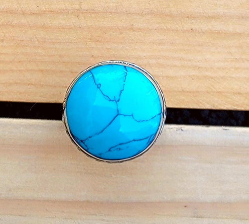 Afghan Tribal Turquoise Ring: Ornate Metal Statement Ring, Size 9