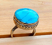 Afghan Tribal Turquoise Ring: Ornate Metal Statement Ring, Size 9