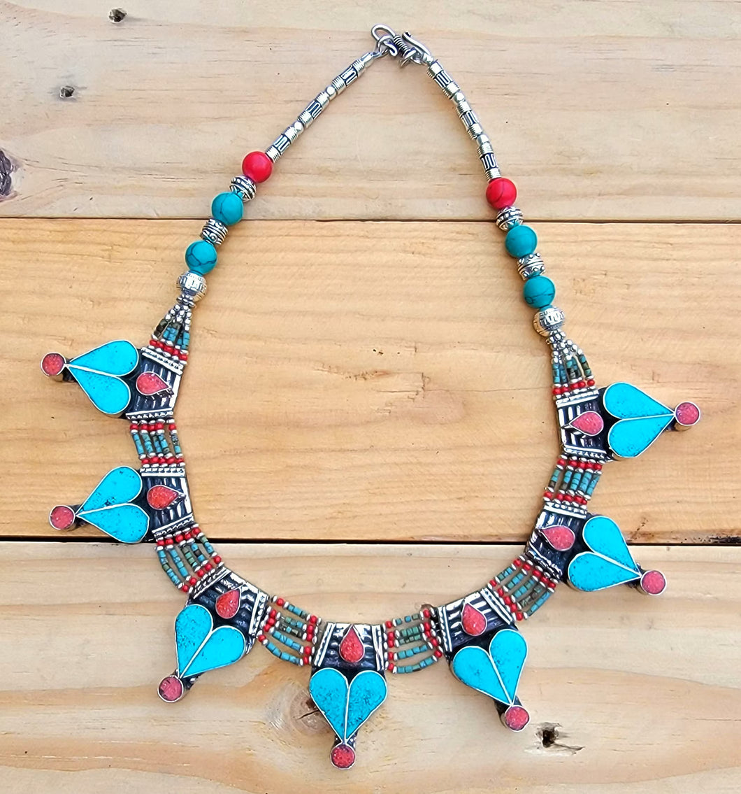 Bohemian Turquoise Necklace: Nepali Silvered Metal Statement Jewelry