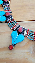 Bohemian Turquoise Necklace: Nepali Silvered Metal Statement Jewelry