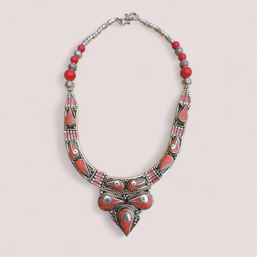 Coral Beaded Necklace: Tibetan Silver Bohemian Jewelry