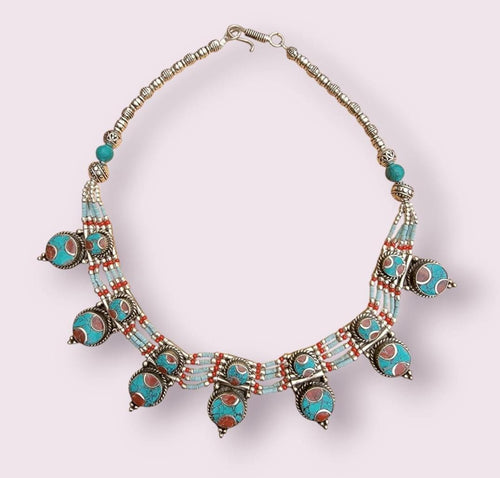 Bohemian Turquoise Necklace: Nepali Silvered Beaded Jewelry