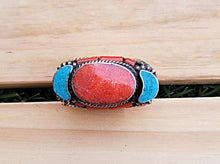 Handmade Coral & Turquoise Ring: Tibetan Design, Size 8