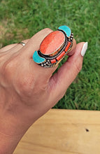 Handmade Coral & Turquoise Ring: Tibetan Design, Size 8