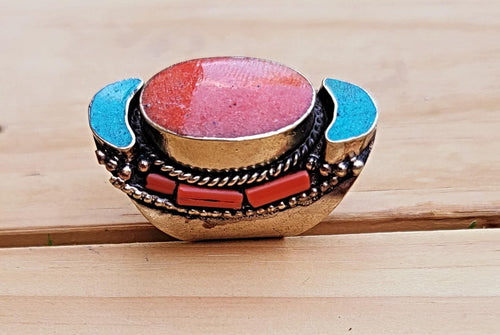Handmade Coral & Turquoise Ring: Tibetan Design, Size 8