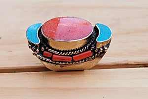 Handmade Coral & Turquoise Ring: Tibetan Design, Size 8