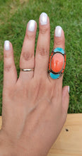 Handmade Coral & Turquoise Ring: Tibetan Design, Size 8