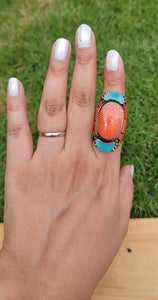 Handmade Coral & Turquoise Ring: Tibetan Design, Size 8