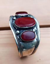 Vintage Afghan Cuff Bracelet: Carnelian Aqeeq Stone, Silver Alloy