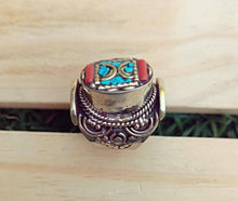 Turquoise & Coral Statement Ring: Tibetan Silver Brass Jewelry, Size 7
