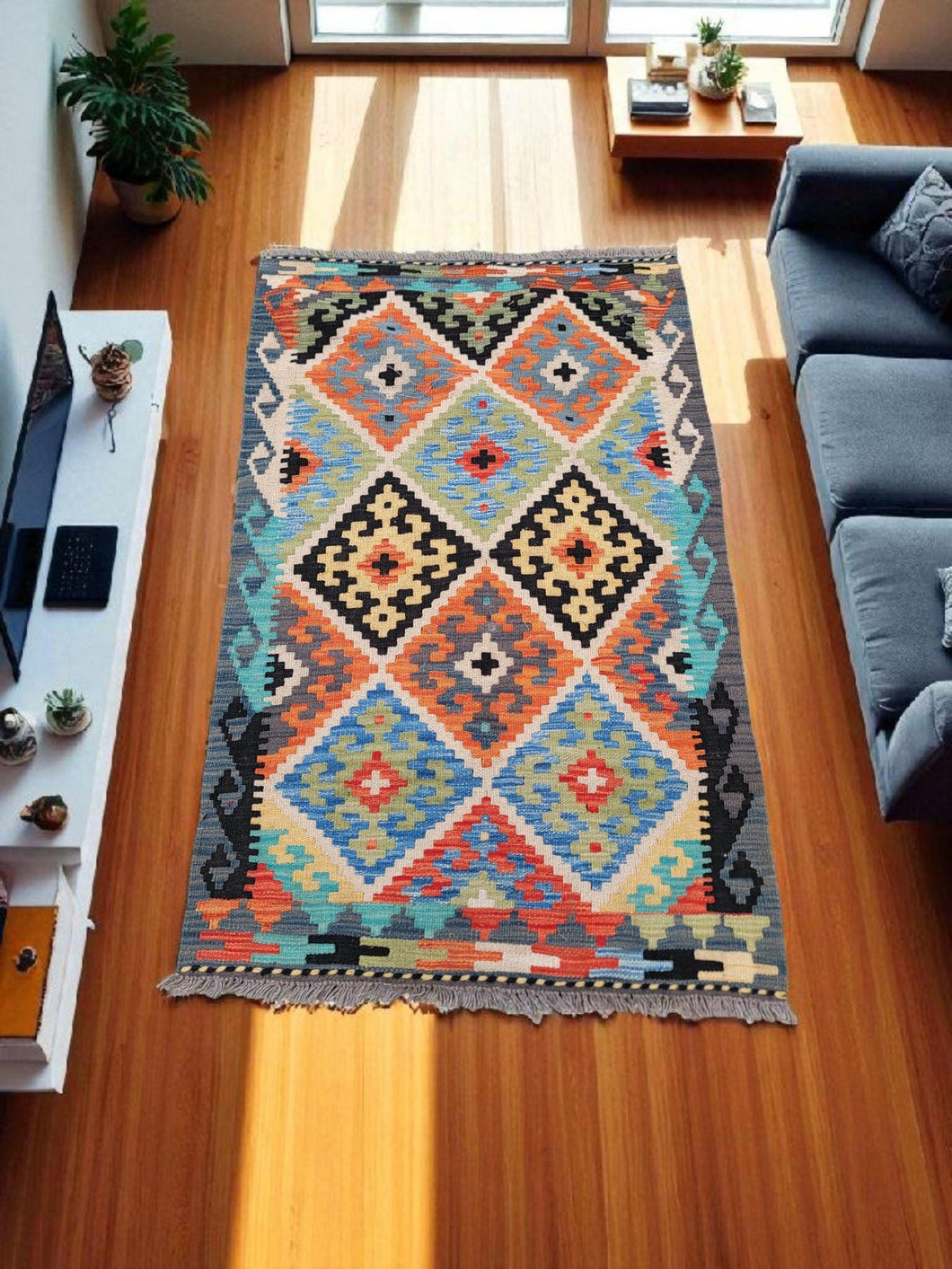 Geometric Turkish Wool Rug – Bohemian Home Decor, 4x2.5 ft