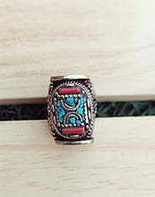 Turquoise & Coral Statement Ring: Tibetan Silver Brass Jewelry, Size 7