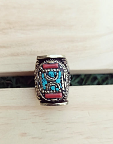 Turquoise & Coral Statement Ring: Tibetan Silver Brass Jewelry, Size 7