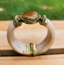 Vintage Brass Bone Cuff Bracelet – Aqeeq Stone, Tribal Boho Jewelry