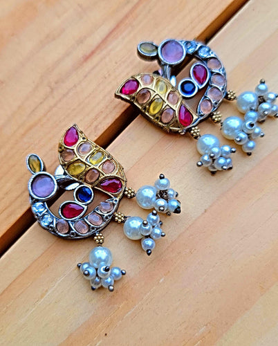 Indian Silver Earrings: Emerald & Pearl Bollywood Jewelry