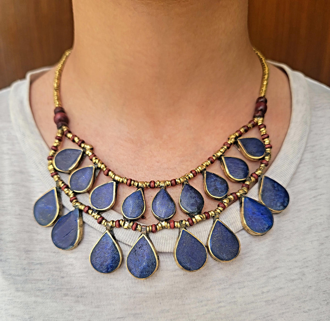 Afghan Lapis Lazuli Tribal Necklace: Vintage Kuchi Bib Necklace