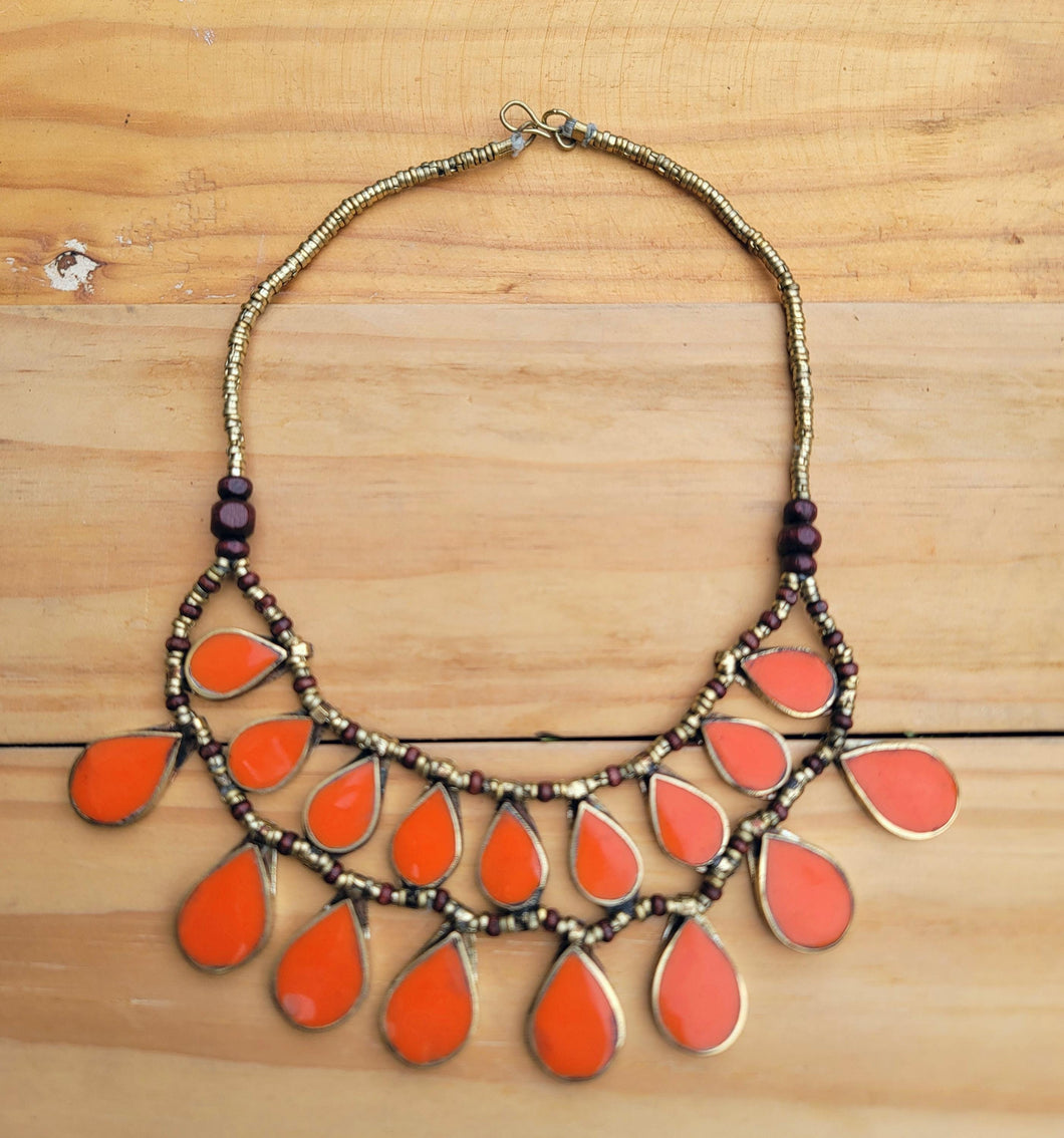 Afghan Orange Coral Bib Necklace: Kuchi Tribal Jewelry