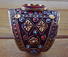 Rajhastani Nauratan Silver Cuff: Aqeeq, Turquoise, Tribal Bracelet