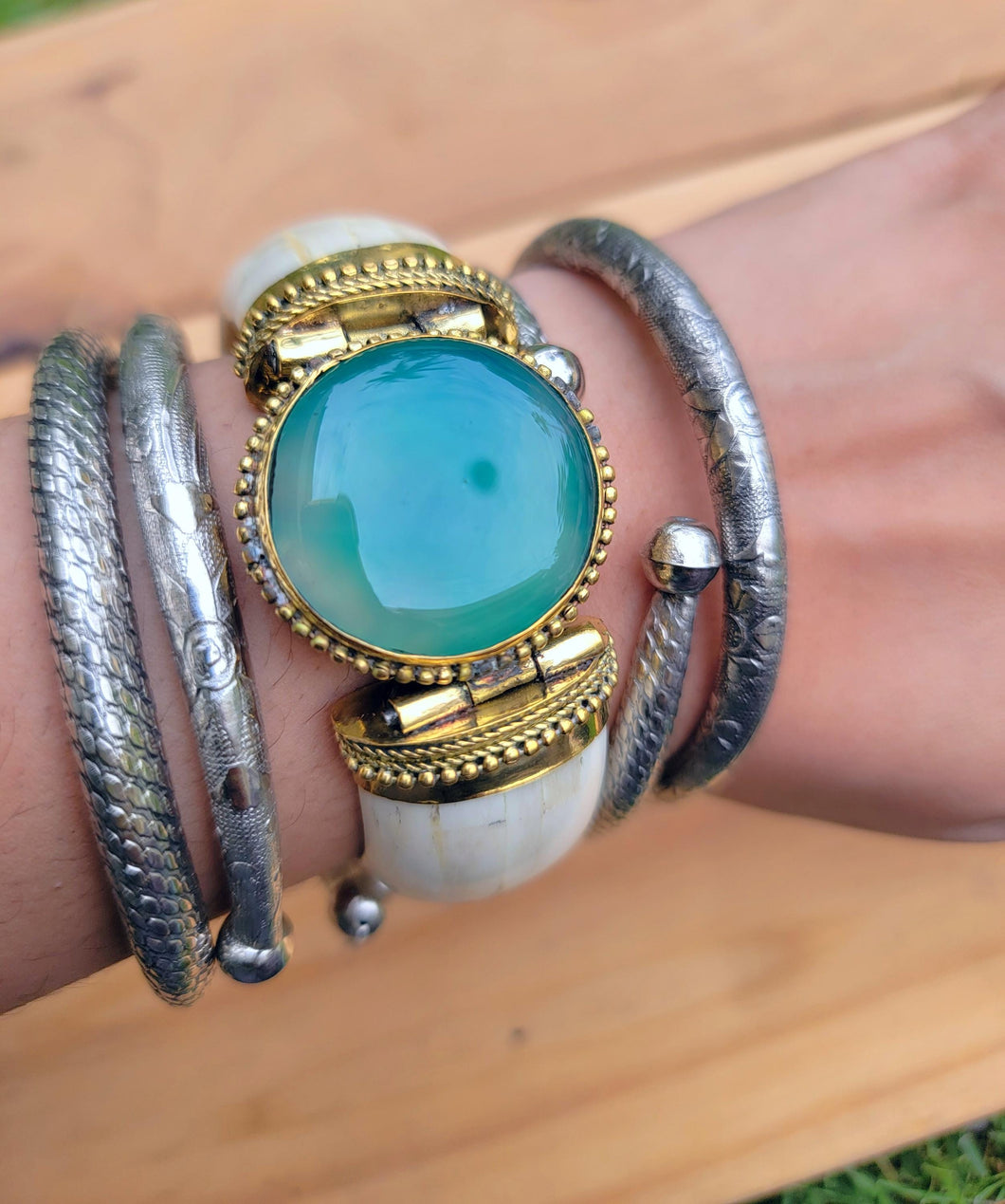 Vintage Bone Cuff Bracelet: Green Jade, Brass, Boho Tribal Jewelry