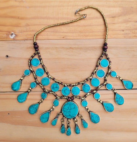 Turquoise Afghan Tribal Necklace: Rosewood & Gilt Silver, Kuchi Jewelry