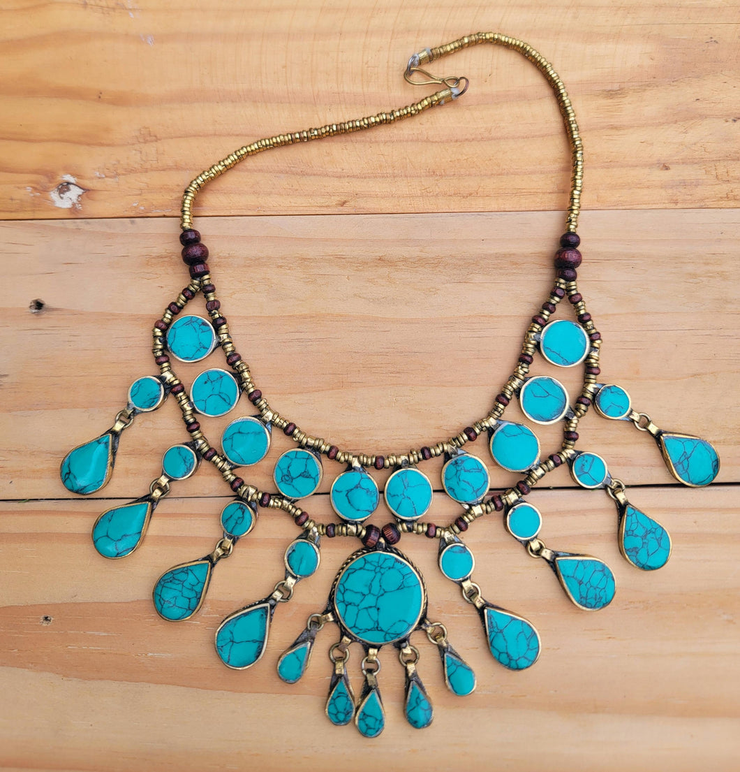 Turquoise Afghan Tribal Necklace: Rosewood & Gilt Silver, Kuchi Jewelry
