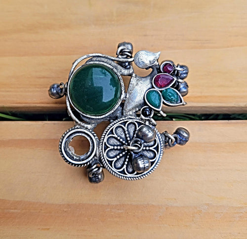 Turquoise and Coral Mosaic Ring: Adjustable Brass Bohemian Jewelry