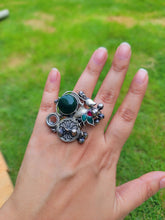 Turquoise and Coral Mosaic Ring: Adjustable Brass Bohemian Jewelry