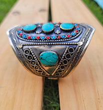 Vintage Afghan Cuff Bracelet: Turquoise, Malachite, & Silver