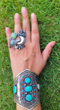 Vintage Afghan Cuff Bracelet: Turquoise, Malachite, & Silver