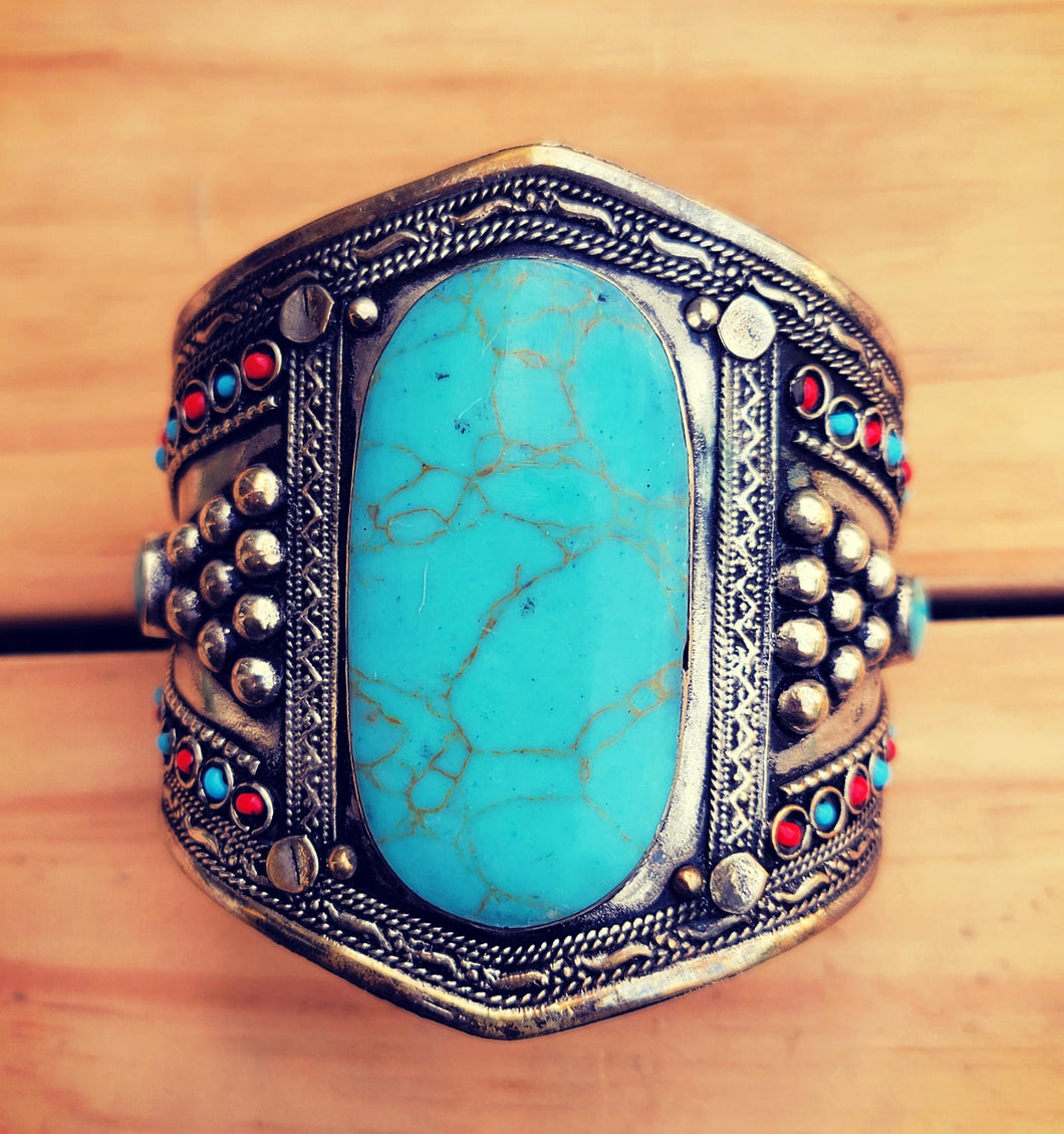 Afghan Turquoise Stone Cuff Bracelet: Tribal Kuchi Banjara Jewelry