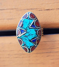 Turquoise & Carnelian Ring: Tibetan Silver Brass Statement Ring