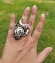 Turquoise & Coral Mosaic Ring: Adjustable Bohemian Brass Jewelry