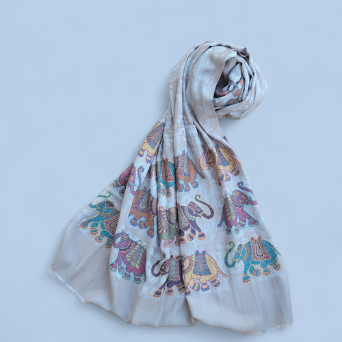 Hand Woven Cashmere Scarf: Elephant Print Wrap - Winter Shawl