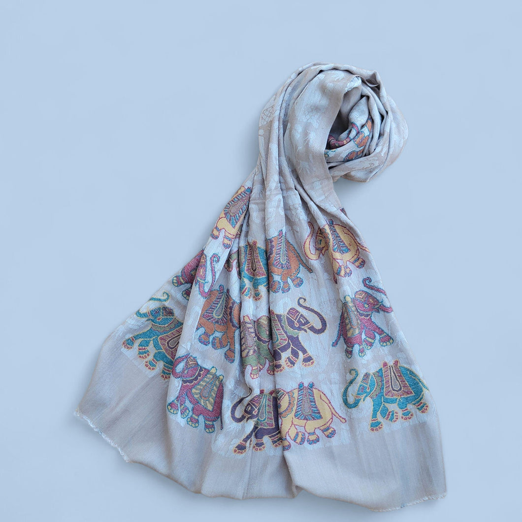 Hand Woven Cashmere Scarf: Elephant Print Wrap - Winter Shawl