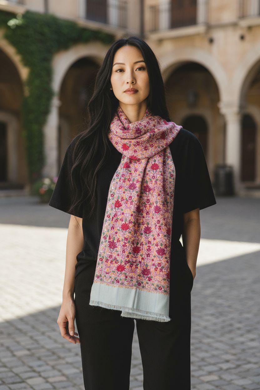 Embroidered Cashmere Shawl: Nepal Pashmina Scarf, Kalamkar Silk, Red scarf