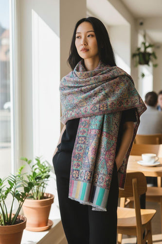 Handwoven Pure Cashmere Scarf: Kani Border Pashmina Shawl