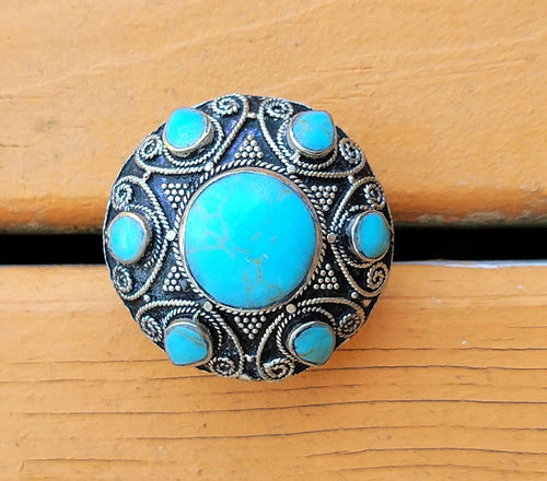 Turquoise Stone Ring: Vintage Turkmen Silver Cocktail Ring, Size 11