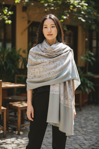 Hand Embroidered Cashmere Shawl: Silver Kalamkari Pashmina Scarf