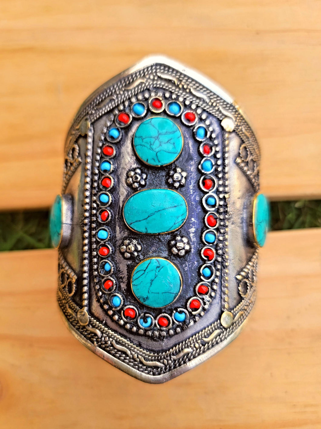 Vintage Afghan Cuff Bracelet: Turquoise, Malachite, & Silver